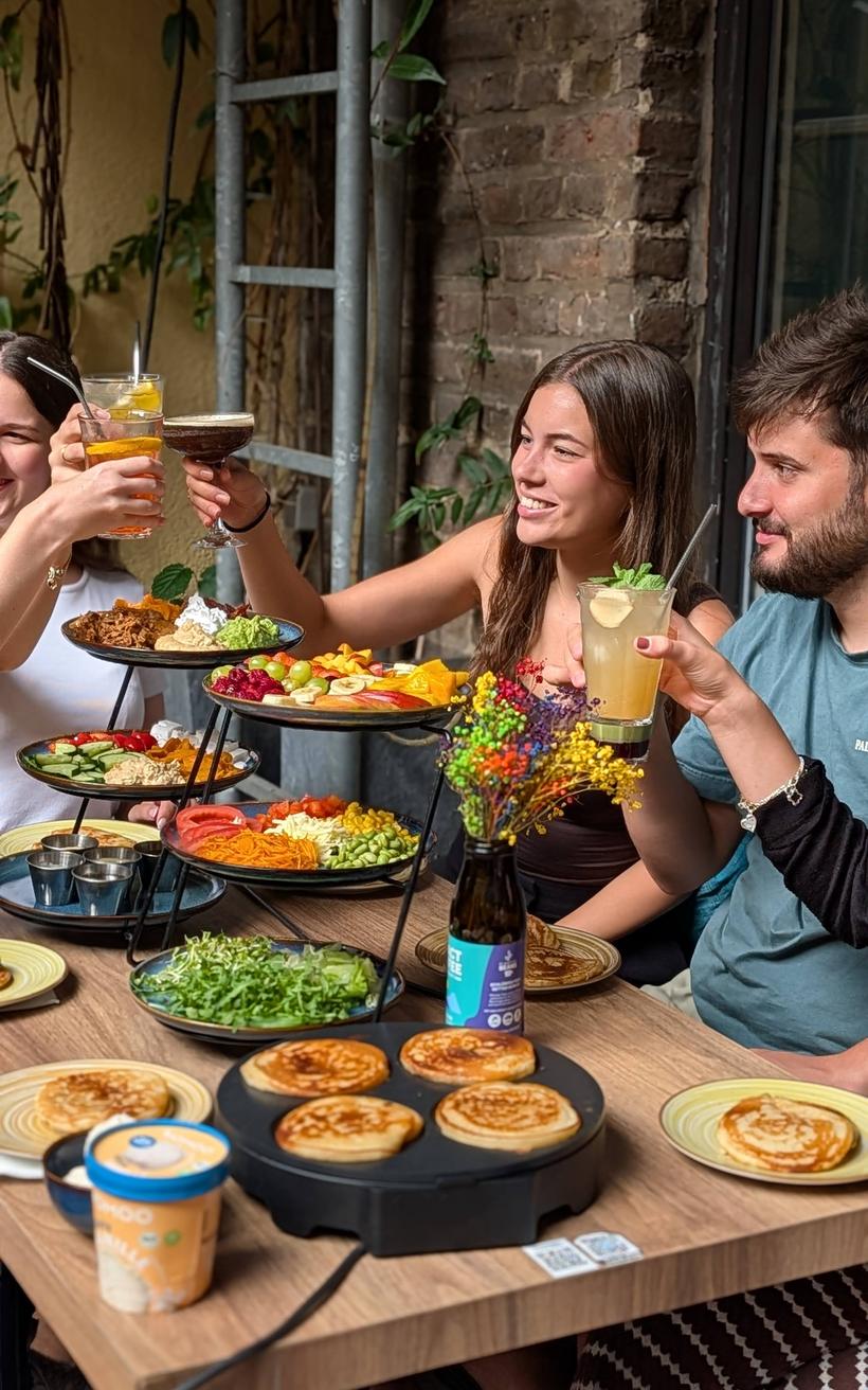 Langer Tisch mit Frühstücksetagère und Gästen