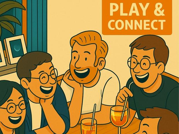 Illustration: Gruppe am Tisch mit Spielen und Getränken